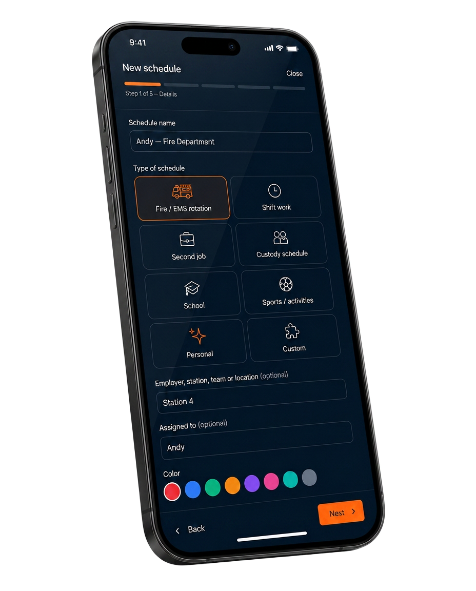 CMD + SHIFT new schedule wizard on iPhone with Fire / EMS rotation selected