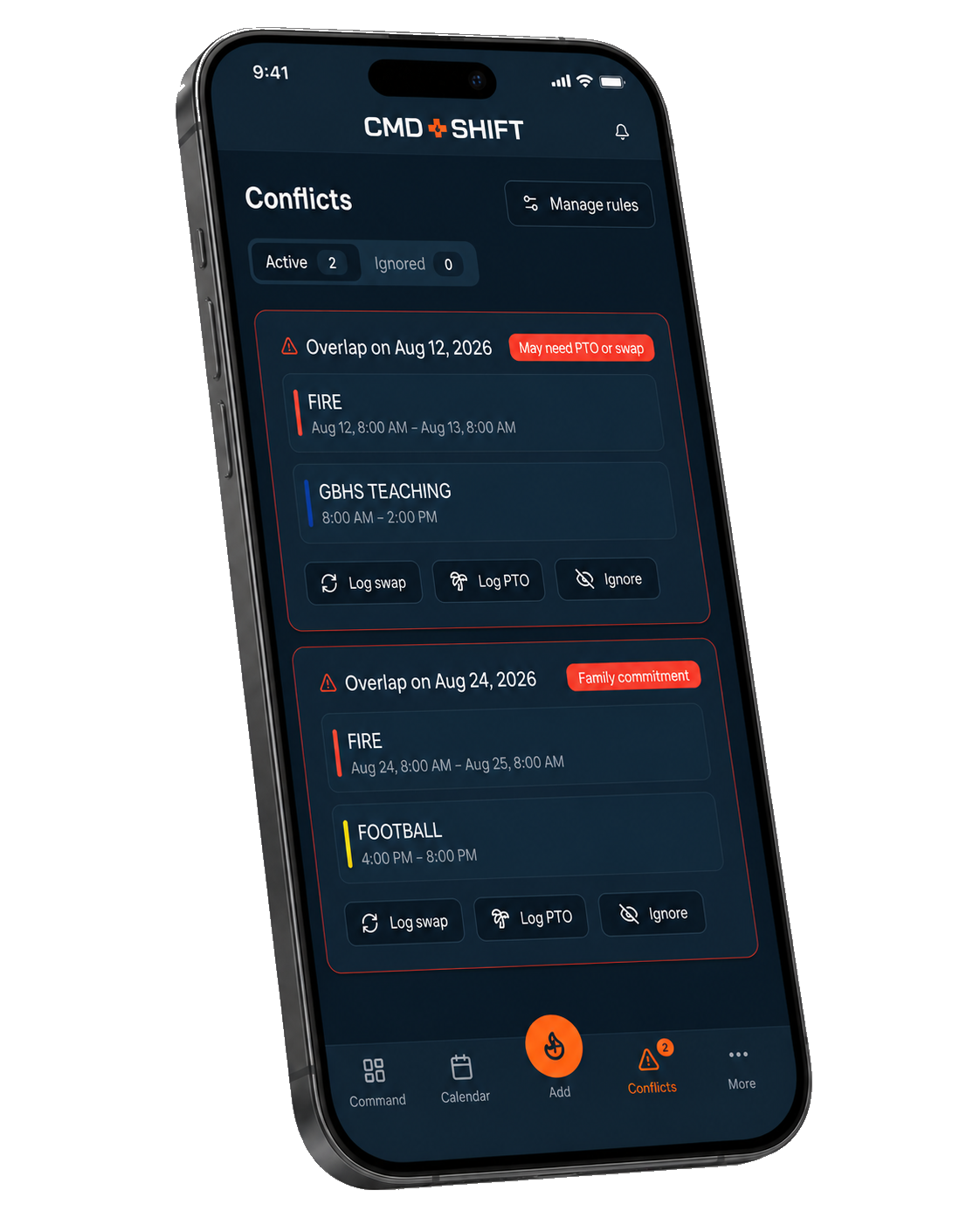 CMD + SHIFT conflicts screen on iPhone showing overlaps with Log swap, Log PTO and Ignore actions