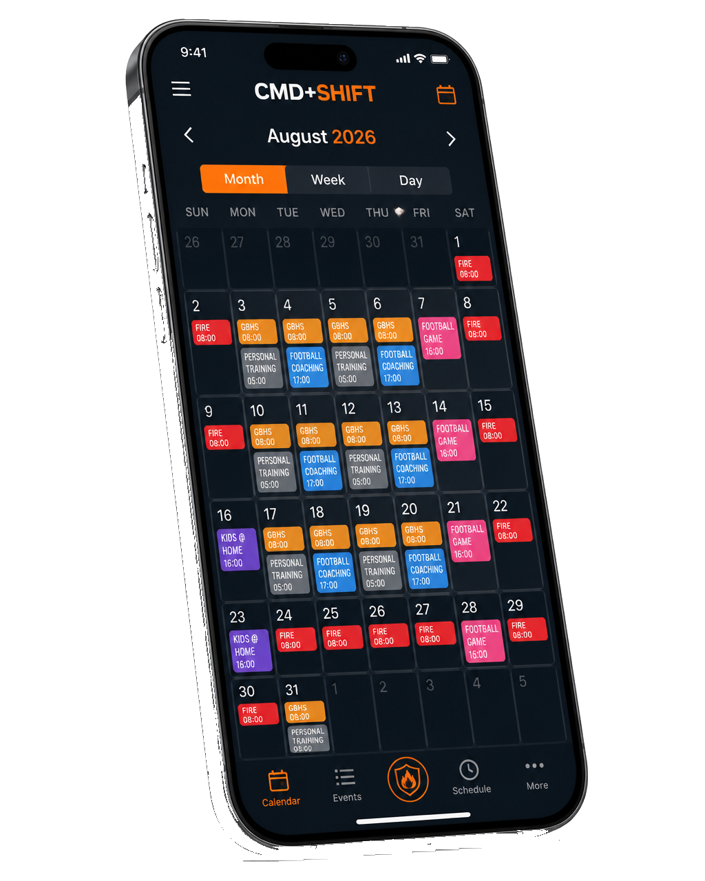 CMD + SHIFT shared household month calendar on iPhone with fire, teaching, training and football events